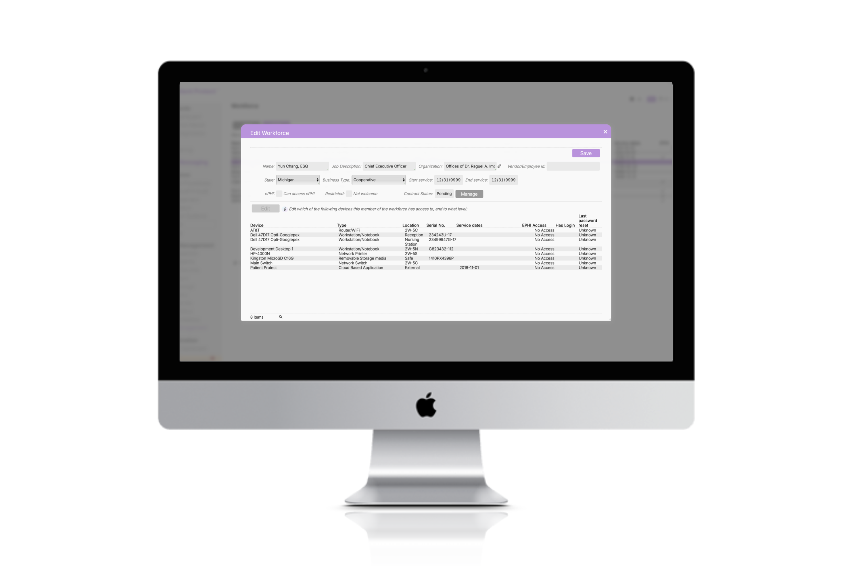 Patient Protect workforce access control interface showing device-level permissions and ePHI access status