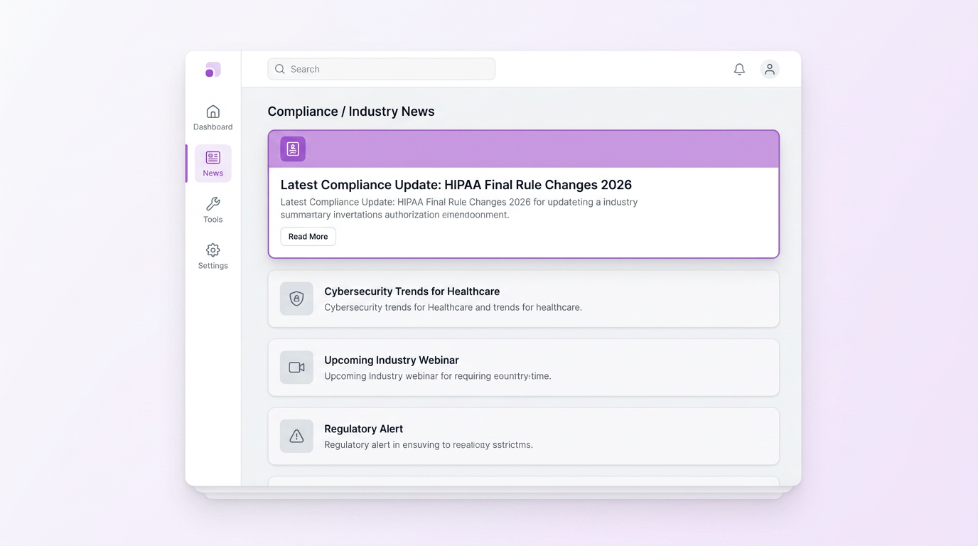 Patient Protect Compliance News showing filtered feed of HIPAA breach disclosures, OCR enforcement actions, and regulatory updates relevant to the practice's sector