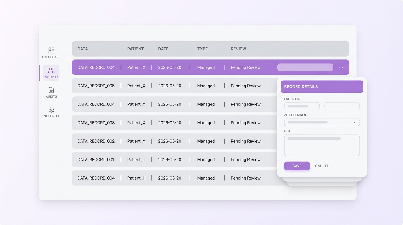 Patient Protect Record Management showing organized compliance documents with version history, validated file types, and per-office storage allocation tracking
