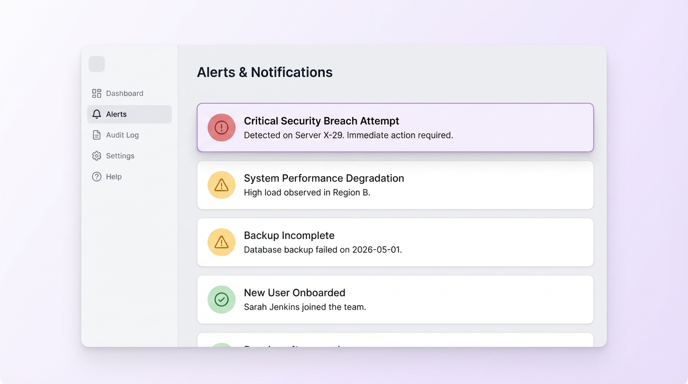 Patient Protect Security Alerts panel showing alert tied to specific compliance gap, with severity, affected workforce member, and one-click remediation path