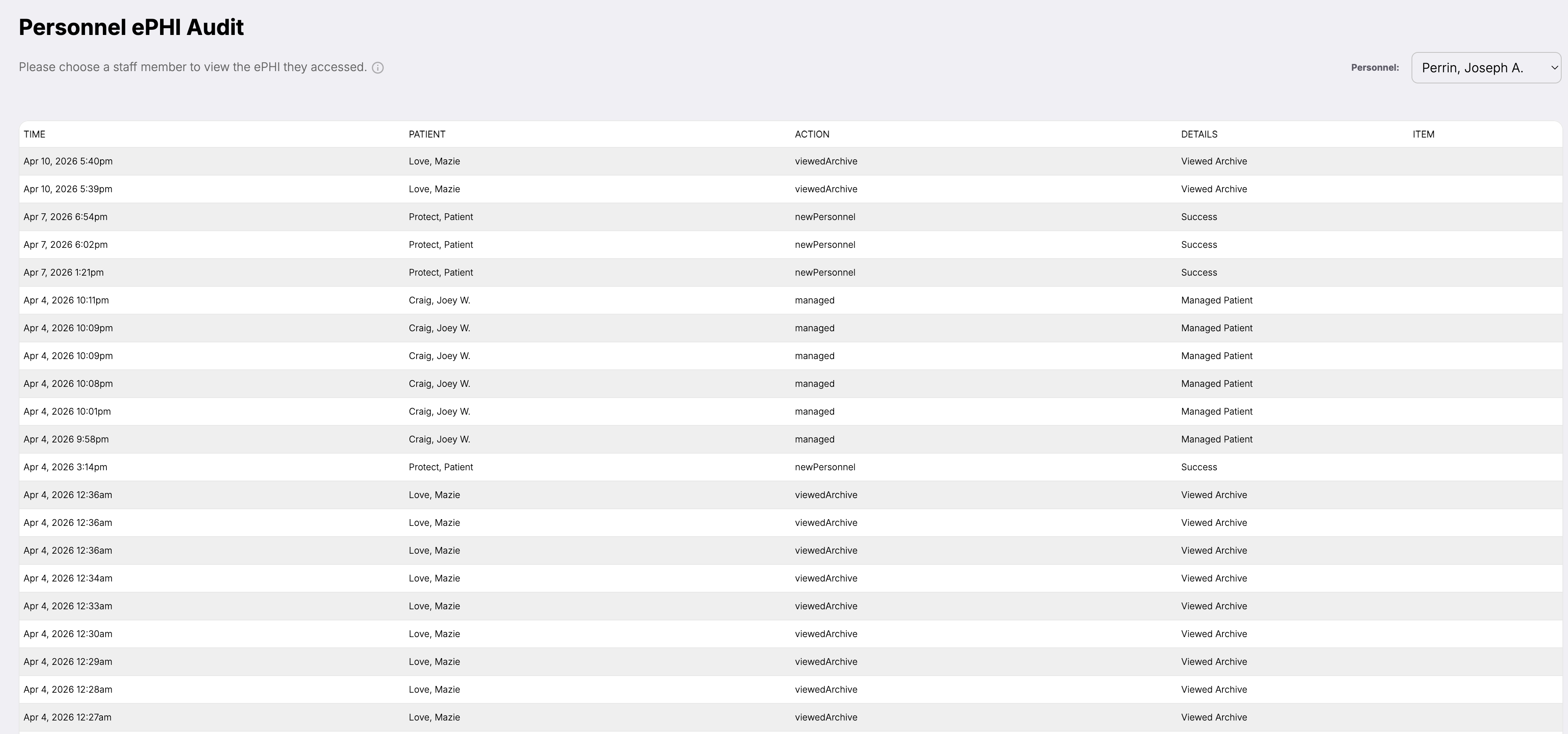 Patient Protect ePHI audit log showing per-personnel access records with timestamps