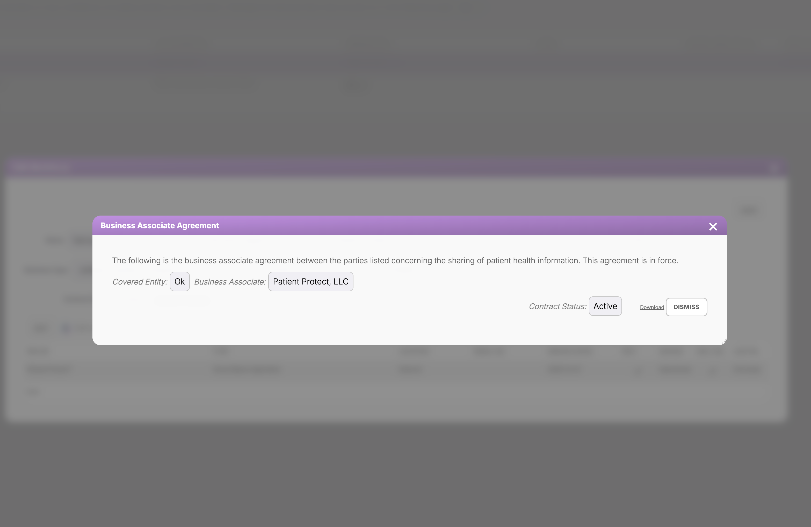Patient Protect BAA-gated communication modal showing active business associate agreement