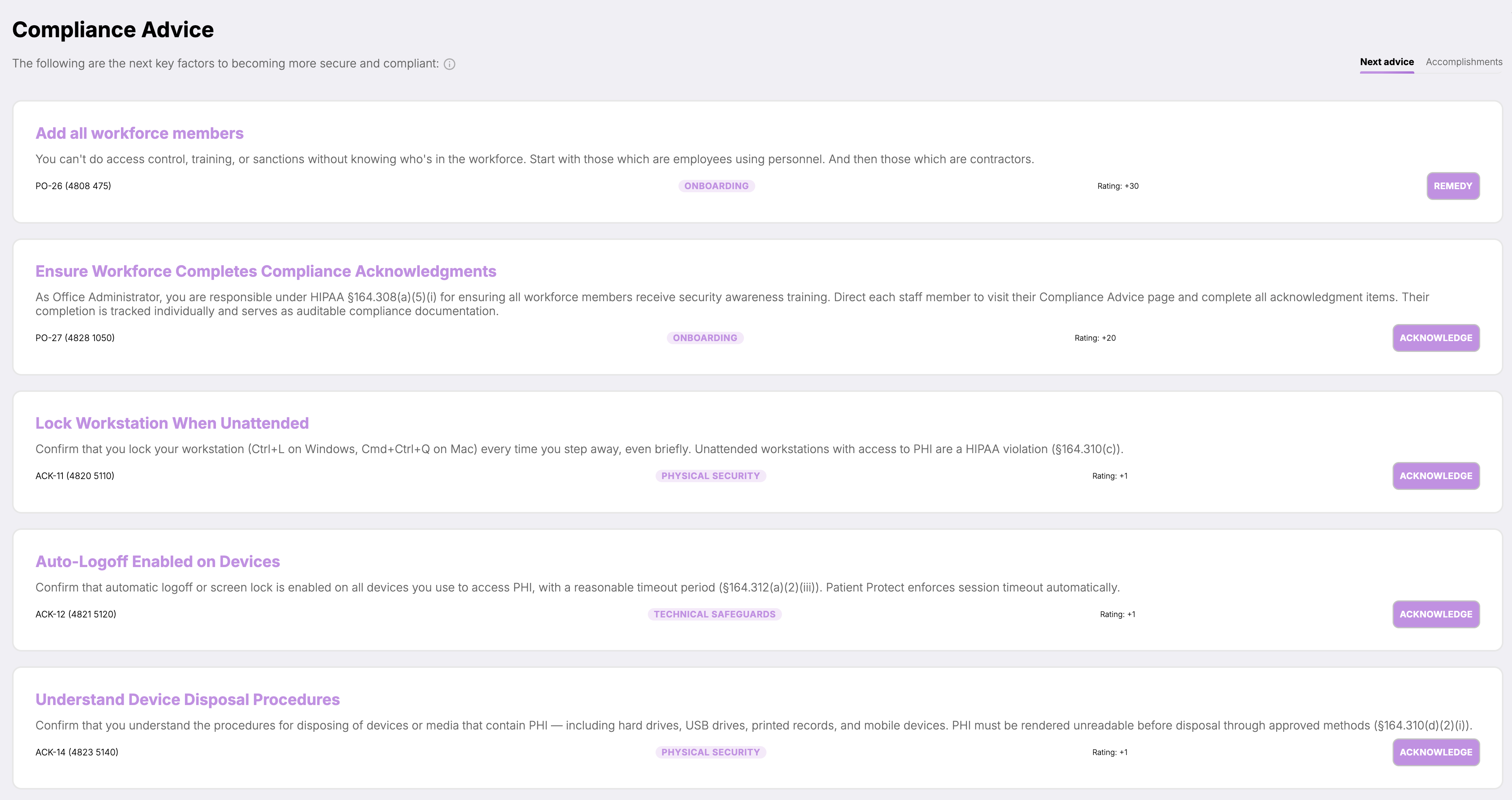 Patient Protect compliance queue showing auto-generated tasks with priority and status