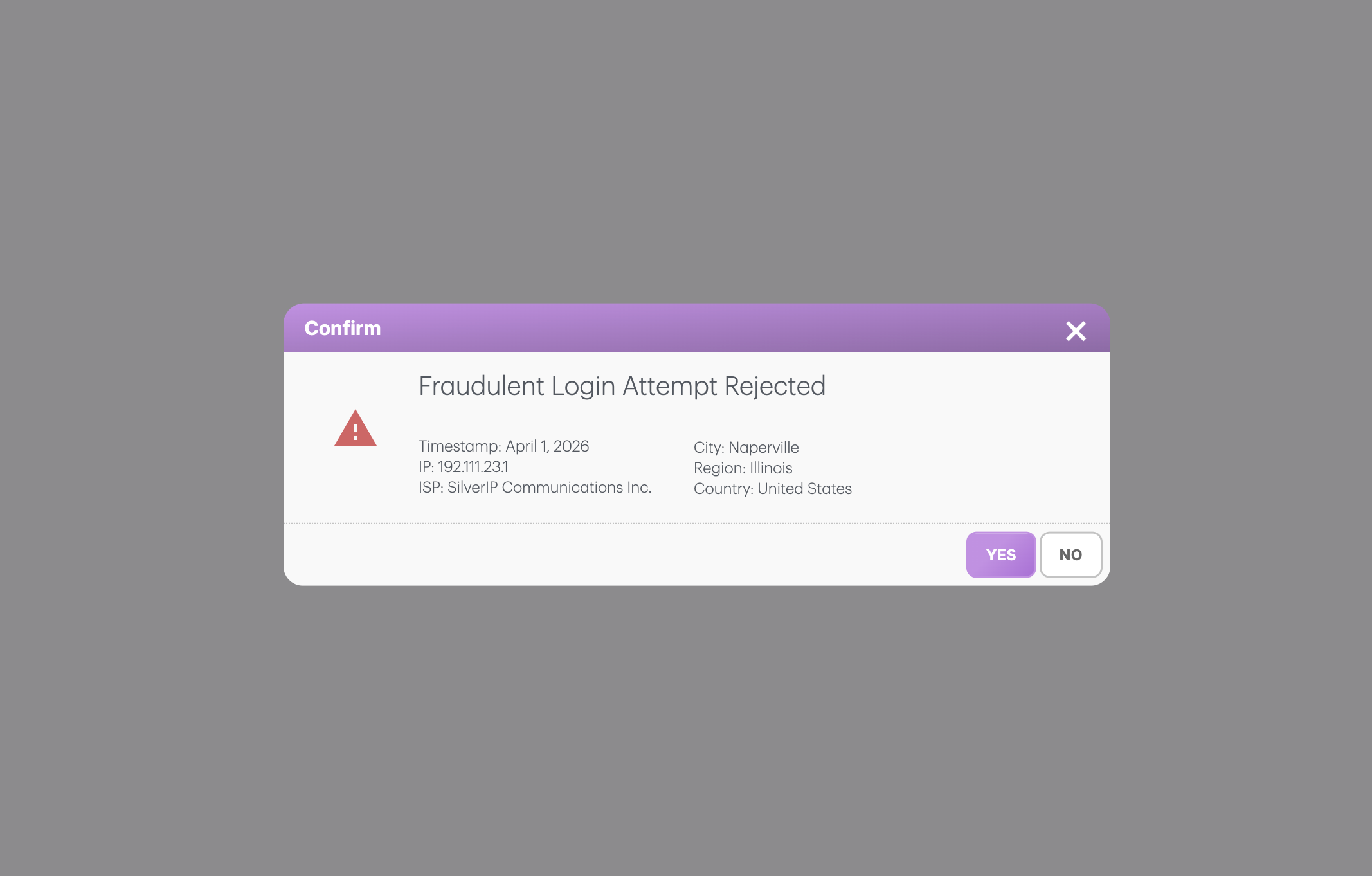 Patient Protect live status signal showing fraudulent login attempt rejected with IP and location details