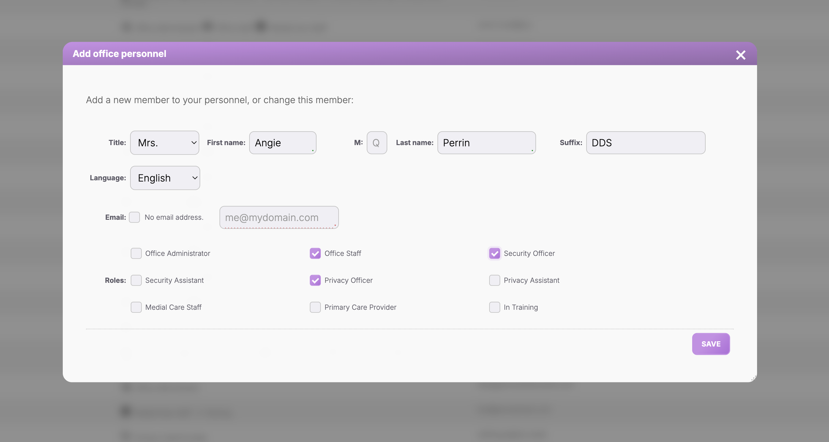 Patient Protect role assignment modal showing eight defined workforce roles