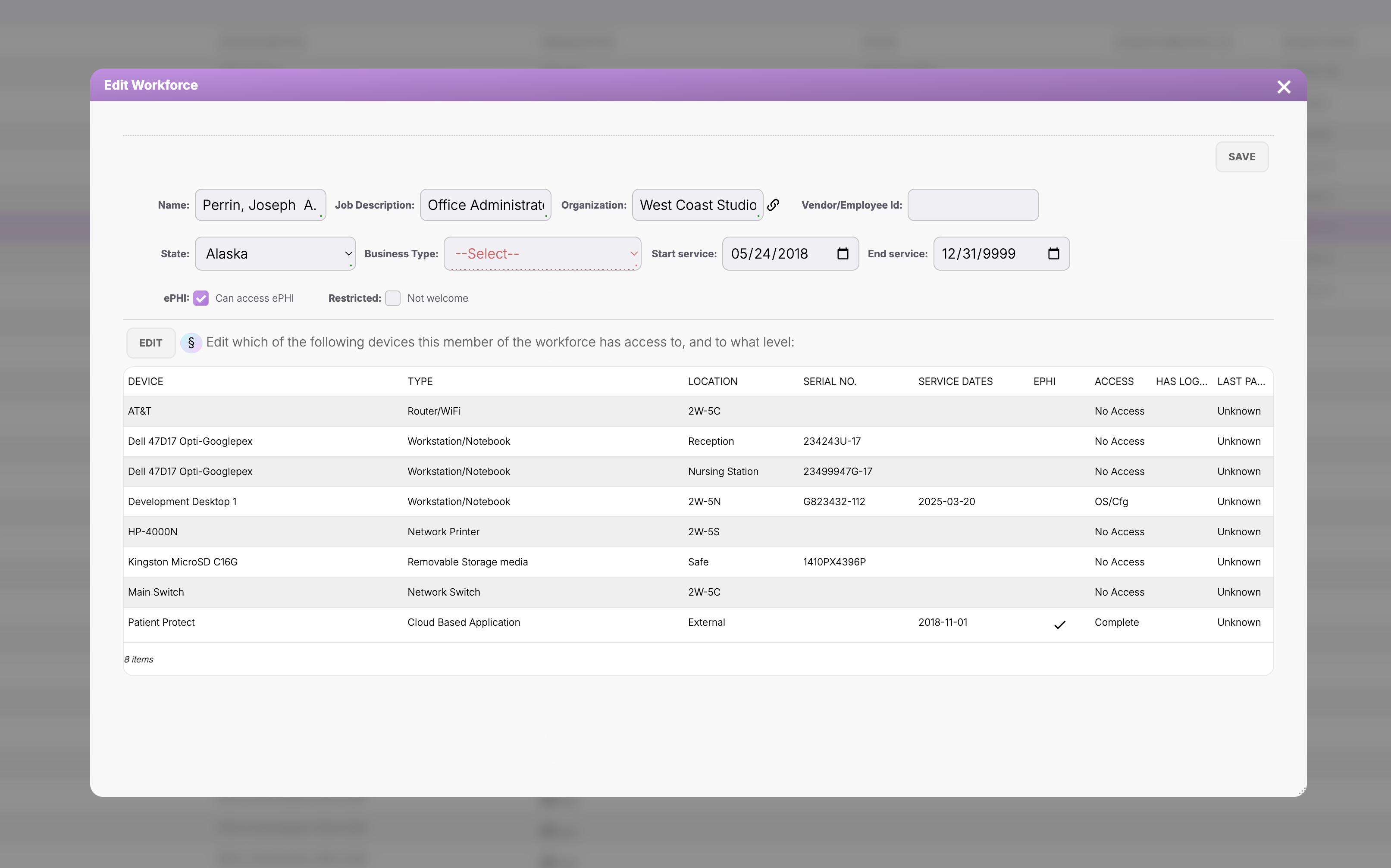 Patient Protect workforce management showing device access controls per staff member