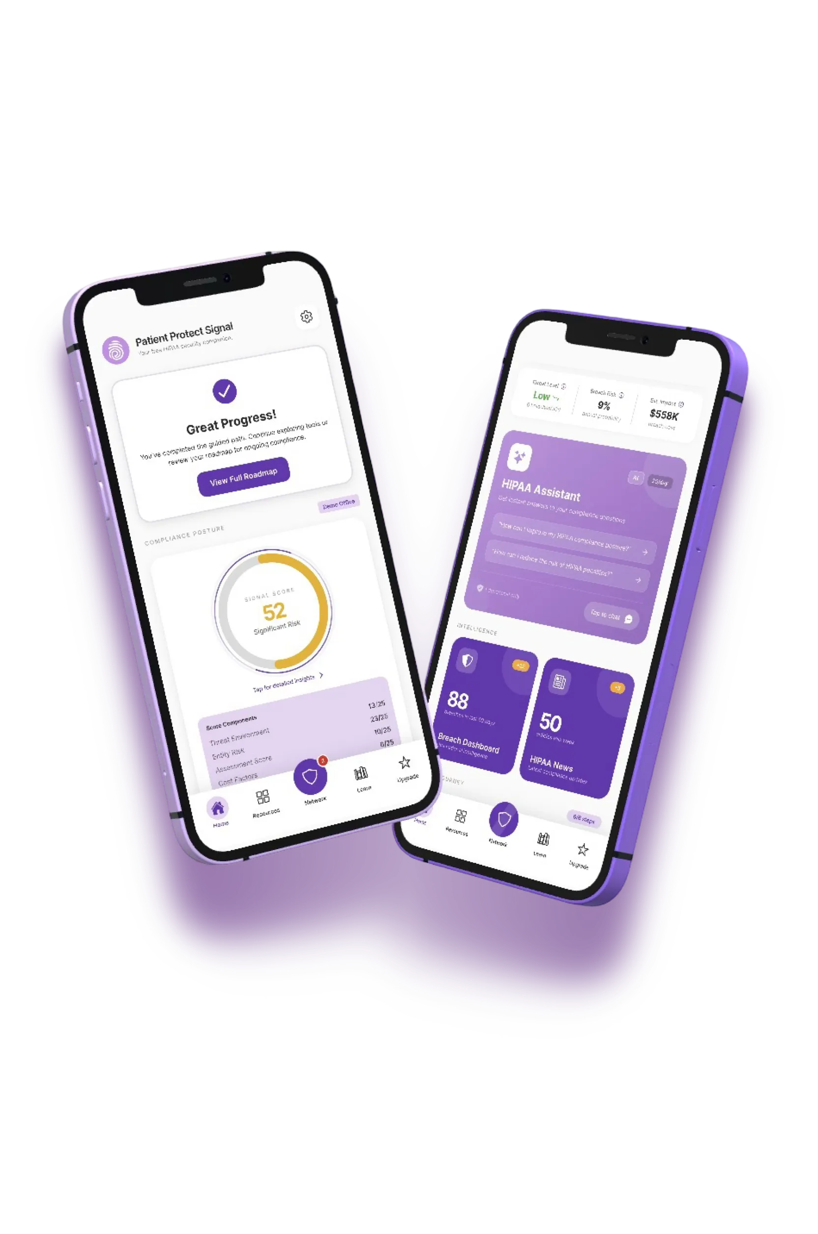 Patient Protect Signal iOS app showing breach dashboard and compliance scoring